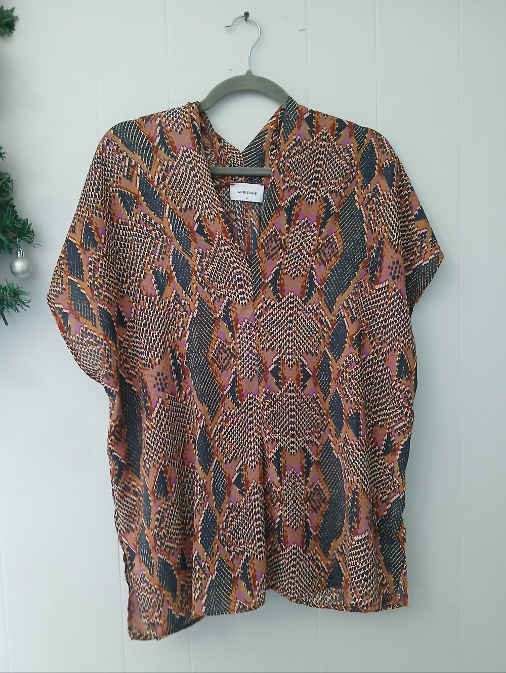 Adrienne Rust, Navy & Pink Abstract Short Sleeve Blouse